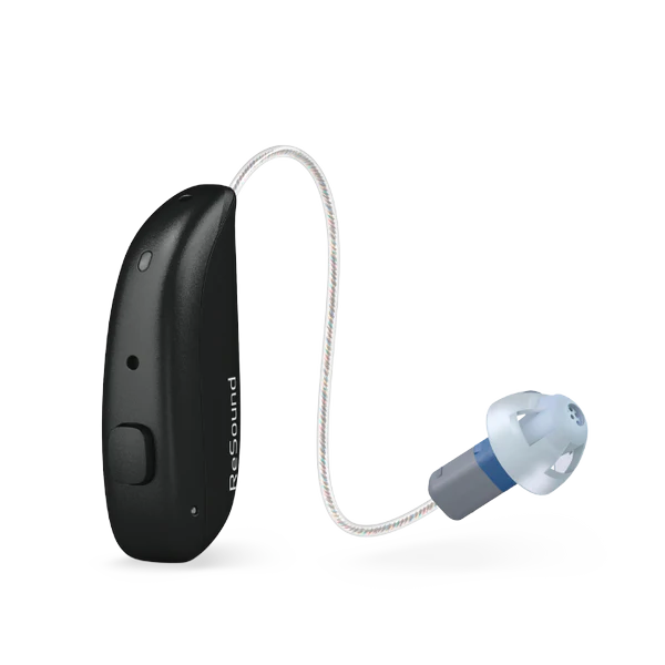 Black and gray hearing aid device on a white background