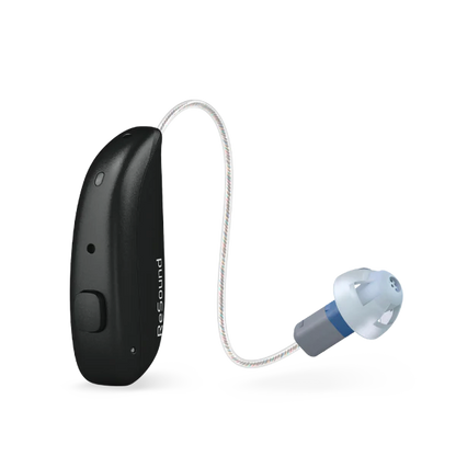 Black and gray hearing aid device on a white background
