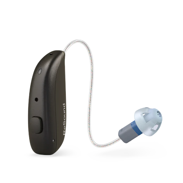 Hearing aid device with cable on a white background