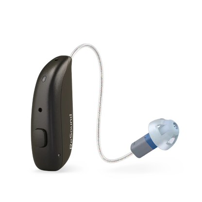 Hearing aid device with cable on a white background