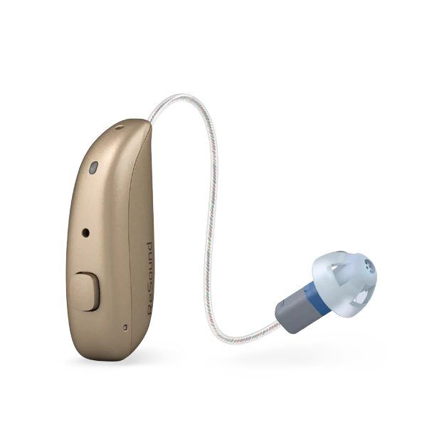 Hearing aid device with a cable attached on a white background