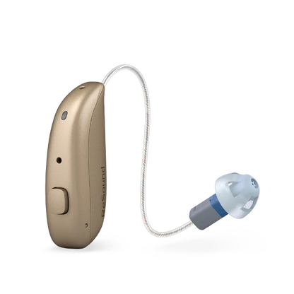 Hearing aid device with a cable attached on a white background