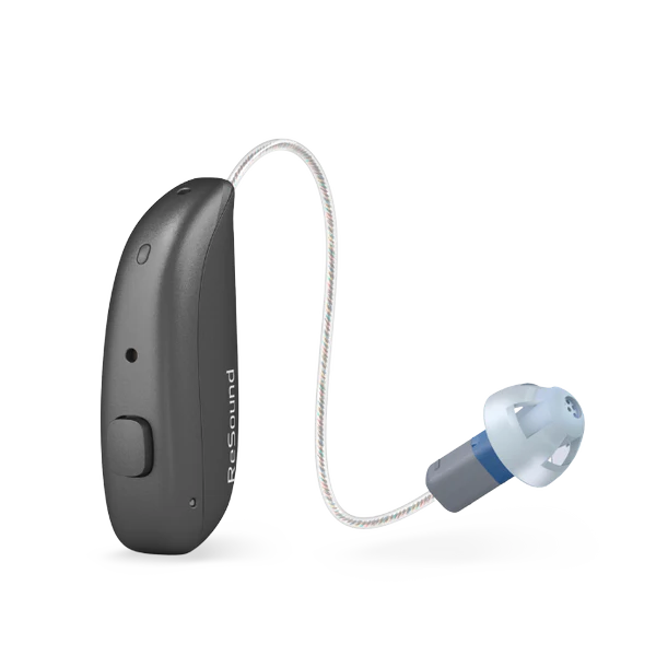 Hearing aid device with cable on a white background