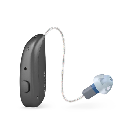 Hearing aid device with cable on a white background