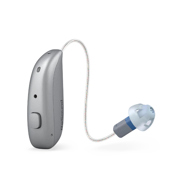 Hearing aid device with cable on a white background