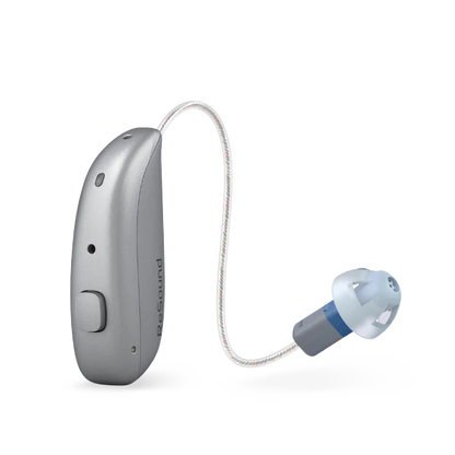 Hearing aid device with cable on a white background