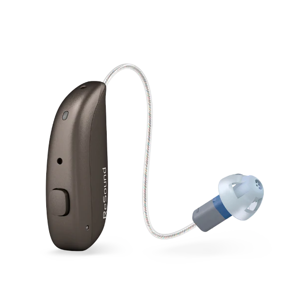 Hearing aid device with cable on a white background
