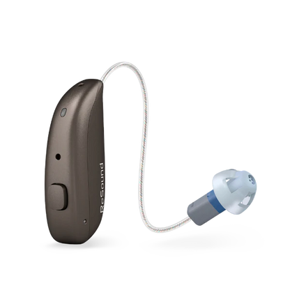 Hearing aid device with cable on a white background