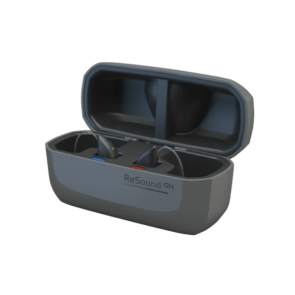 Gray case with 'ReSound GN' branding on a white background