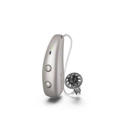 Signia Pure Charge&Go MaX hearing aid in Dark Champagne, shown with its receiver wire and vented dome.