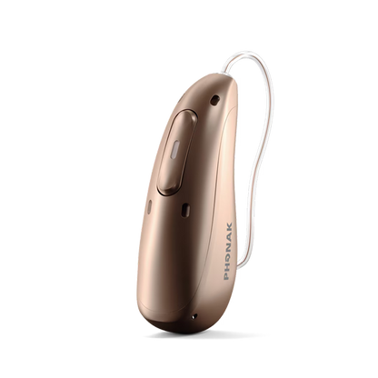 Starkey Omega mRIC hearing aid in sandalwood