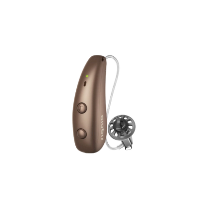 Signia Pure Charge&Go MaX hearing aid in Chestnut Brown.