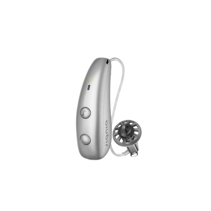 Signia Pure Charge&Go MaX hearing aid in Silver Grey.