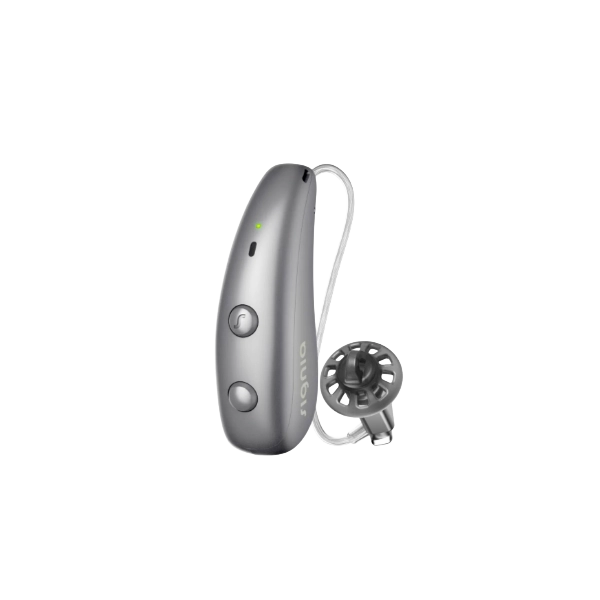 Signia Pure Charge&Go MaX hearing aid in Titanium Grey.