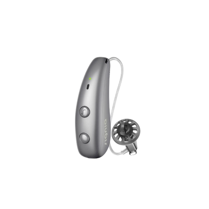 Signia Pure Charge&Go MaX hearing aid in Titanium Grey.