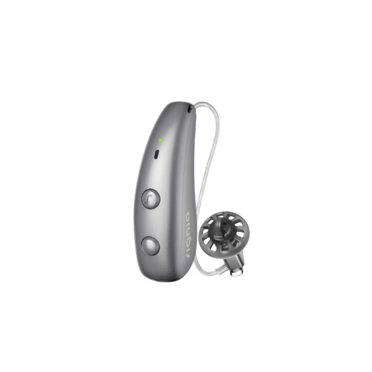 Signia Pure Charge&Go MaX hearing aid in Titanium Grey.