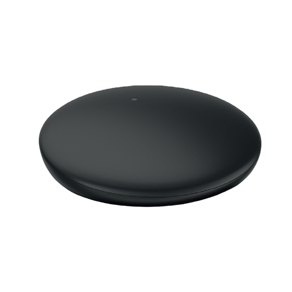 A minimalist, round black electronic device with a smooth matte finish and a small central indicator light, shown on a solid white background.