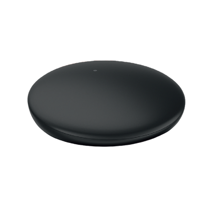 A minimalist, round black electronic device with a smooth matte finish and a small central indicator light, shown on a solid white background.