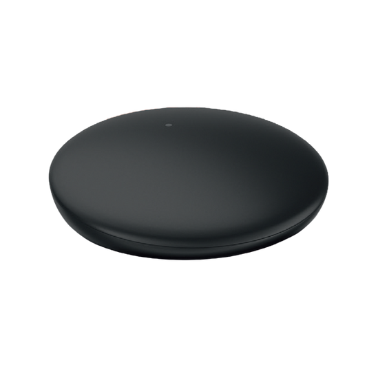 A minimalist, round black electronic device with a smooth matte finish and a small central indicator light, shown on a solid white background.