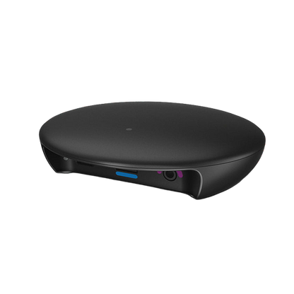 A sleek, black oval-shaped electronic device with a matte finish, featuring a blue port and a small purple camera lens on its side, shown against a plain white background.