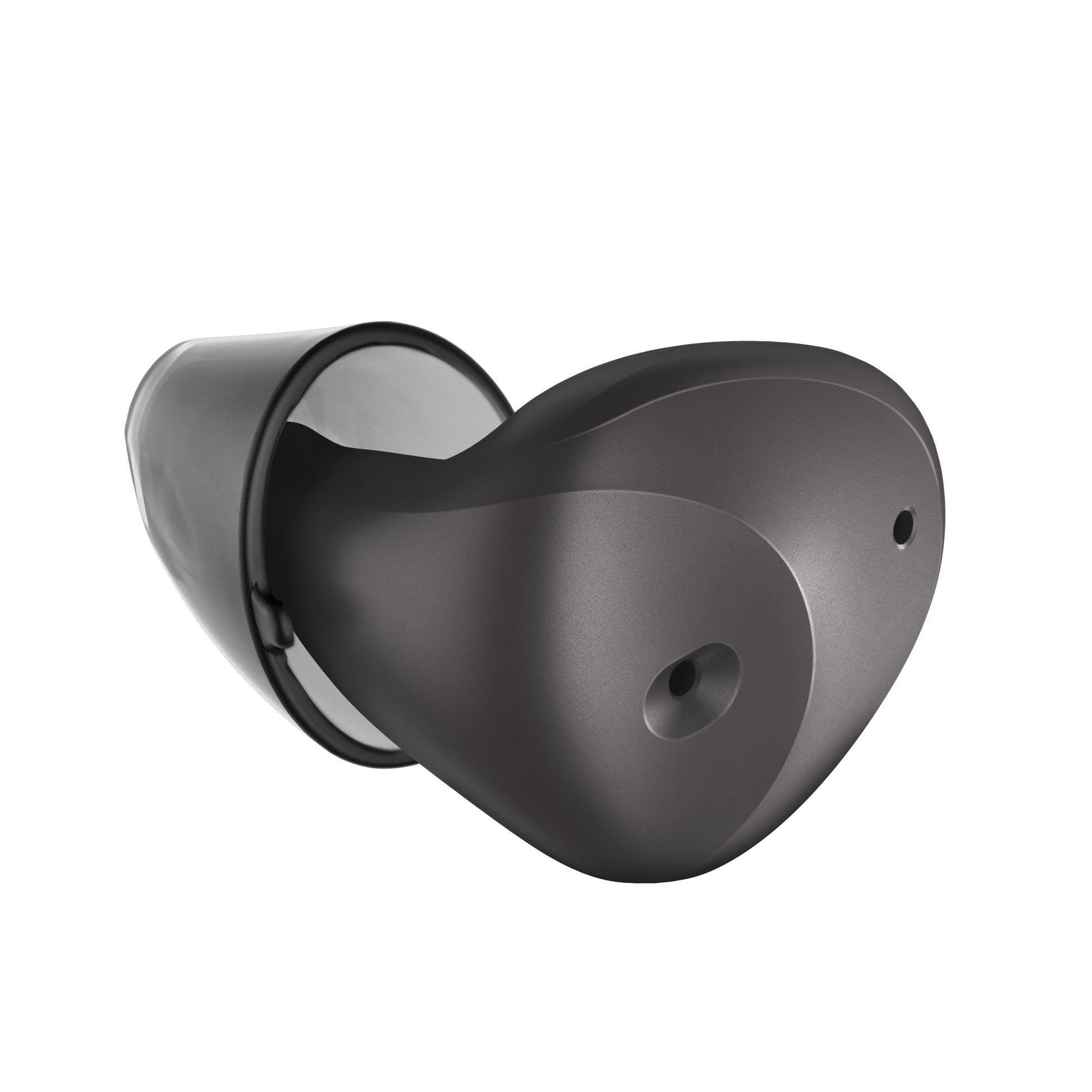 Black wireless earbuds on a white background
