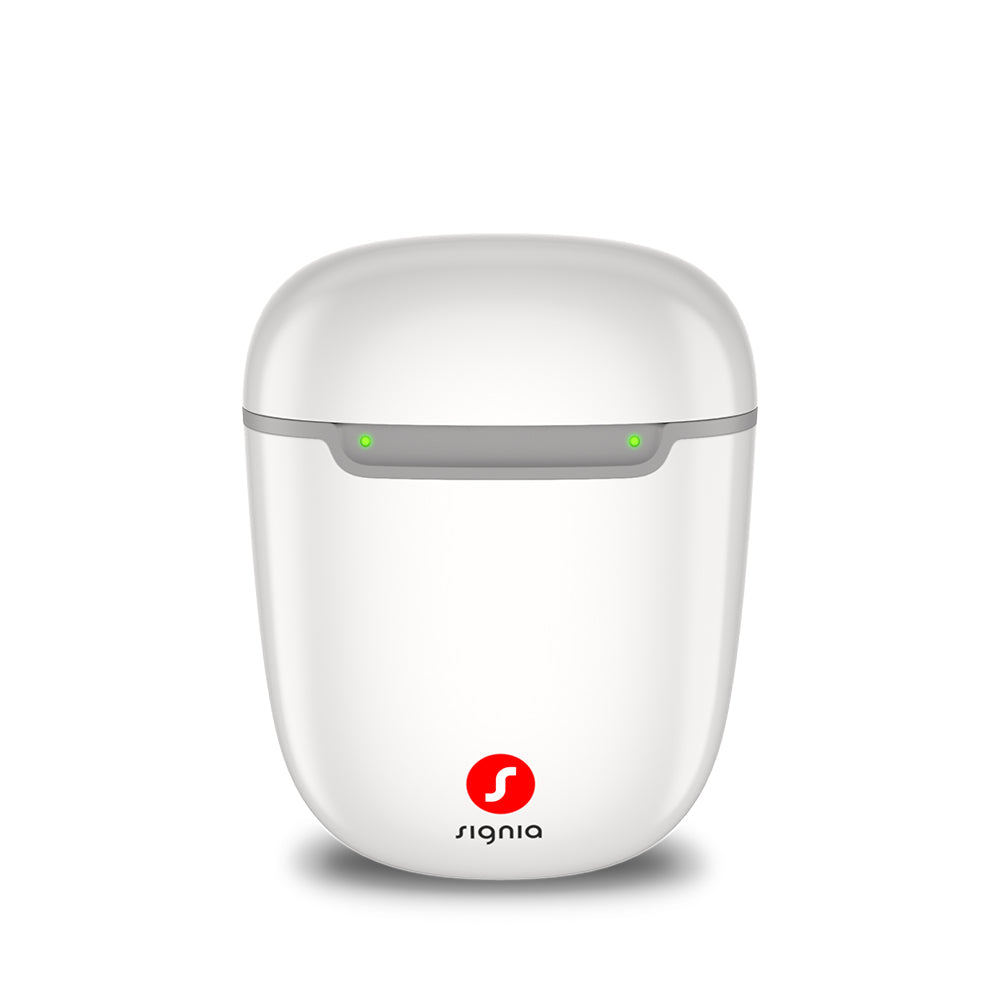 Signia Portable Charger Pure 2.0 for the Pure Charge&Go MaX, shown closed with its light on.