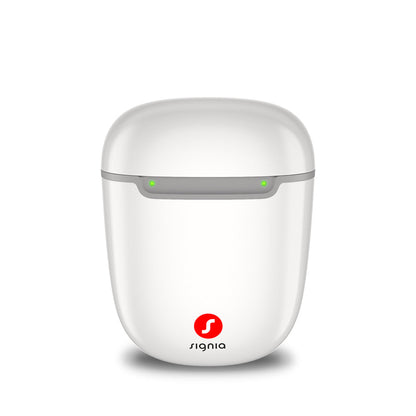 Signia Portable Charger Pure 2.0 for the Pure Charge&Go MaX, shown closed with its light on.