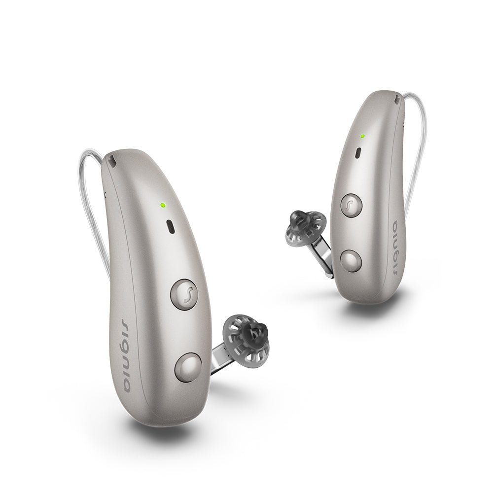 A pair of Signia Pure Charge&Go MaX hearing aids in Dark Champagne with open eartips.