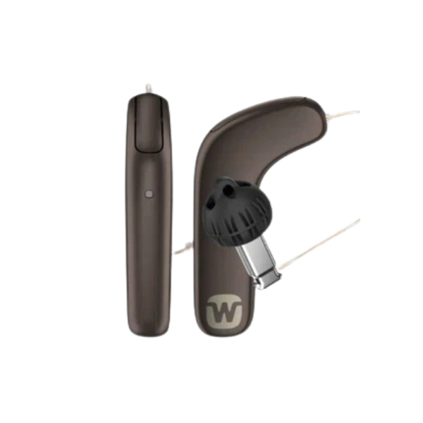 Hearing aid device with a visible brand logo on a white background