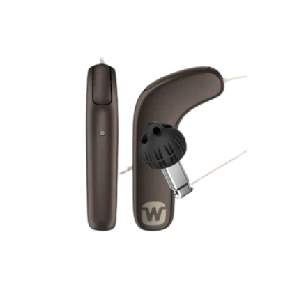 Hearing aid device with a visible brand logo on a white background