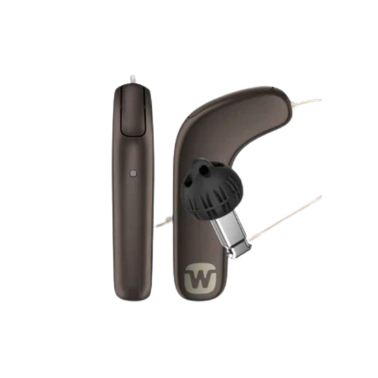 Hearing aid device with a visible brand logo on a white background