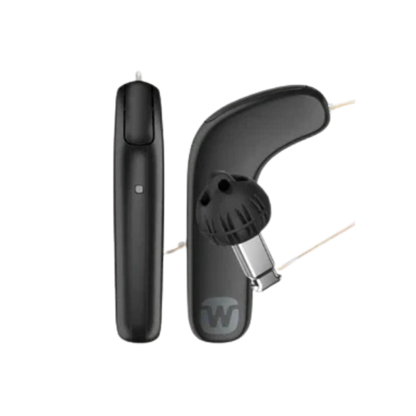Black electronic device with a nozzle attachment on a white background