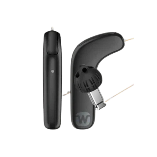 Black electronic device with a nozzle attachment on a white background