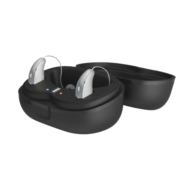 Black charging case with two white hearing aids on a white background
