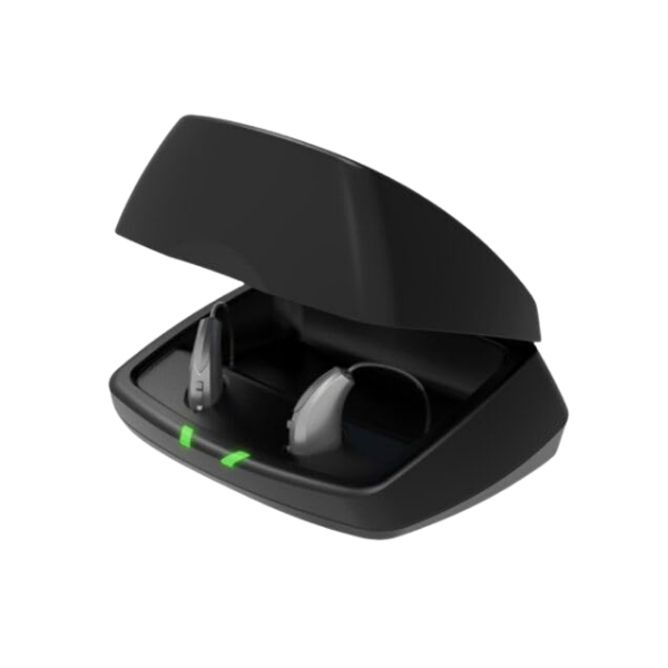 Black hearing aid case with open lid on a white background
