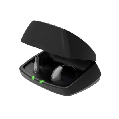 Black hearing aid case with open lid on a white background