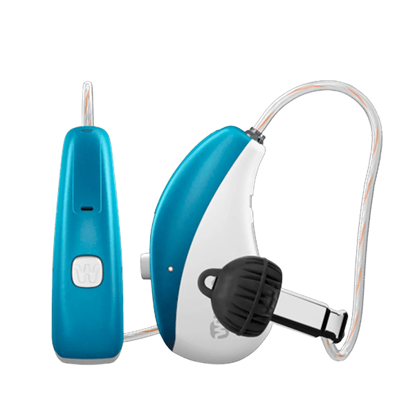 Widex Moment Sheer hearing aids in Mediterranean turquoise