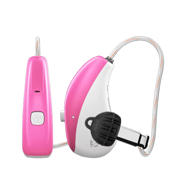 Widex Moment Sheet RIC hearing aid in shocking pink and white