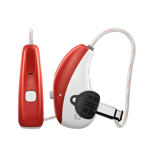 Widex Moment Sheet RIC hearing aid in sporty red and white 