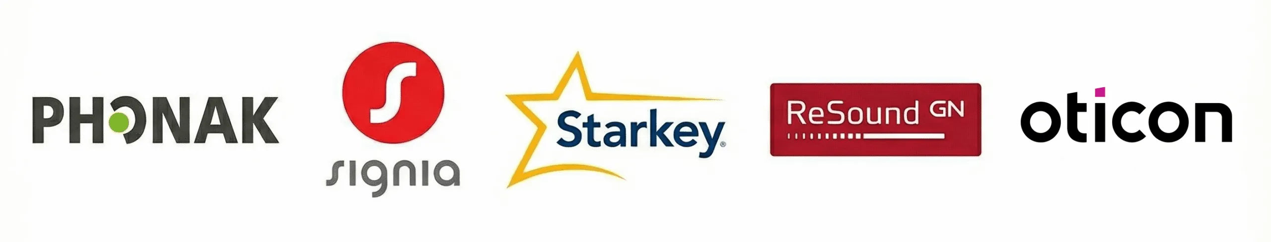 Logos of Phonak, Signia, Starkey, ReSound GN, and Oticon on a white background