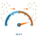 Gauge with a needle pointing to 'MAX' surrounded by orange arrows 