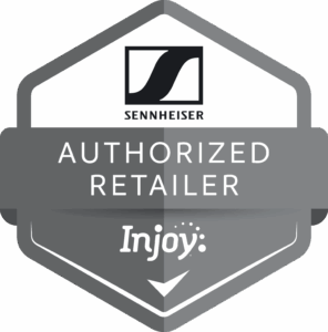 Sennheiser authorized retailer badge on a gray background