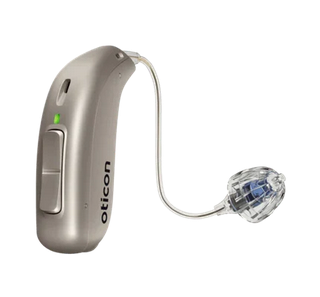 Silver Oticon hearing aid on a white background