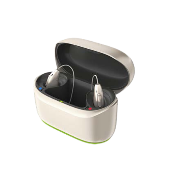 Open hearing aid case with two hearing aids inside on a white background
