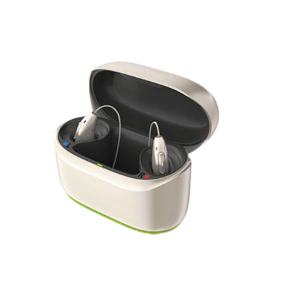Open hearing aid case with two hearing aids inside on a white background