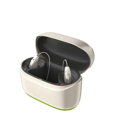 Open hearing aid case with two hearing aids inside on a white background