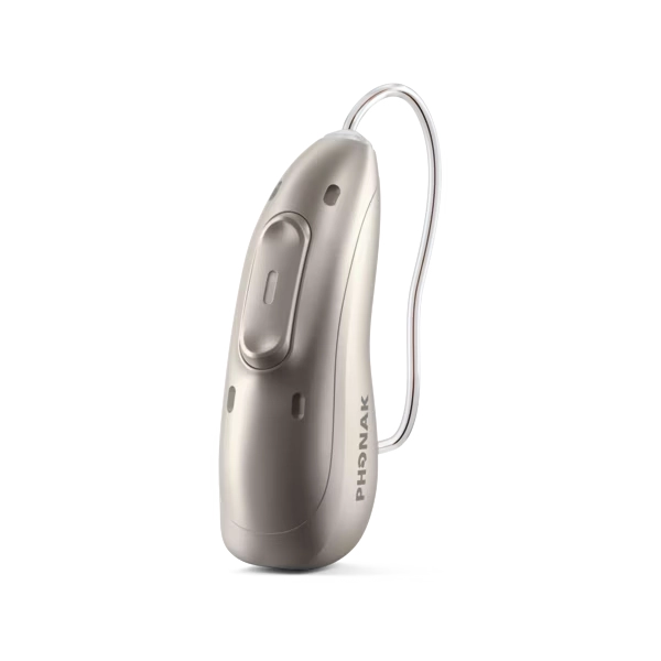 A Phonak wireless behind-the-ear hearing device in a metallic champagne gold finish, featuring a curved earpiece wire, shown on a clean white background.