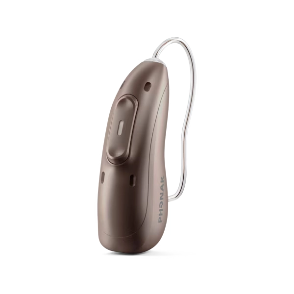 A PHONAK behind-the-ear hearing device in a metallic taupe-brown finish with a silver-colored earpiece wire, shown on a clean white background.
