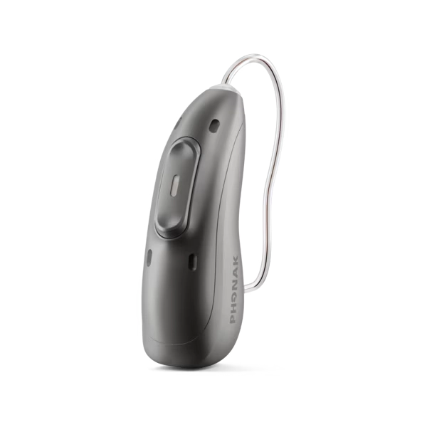A PHONAK behind-the-ear hearing device in dark gray with a silver wire earpiece, shown on a clean white background.