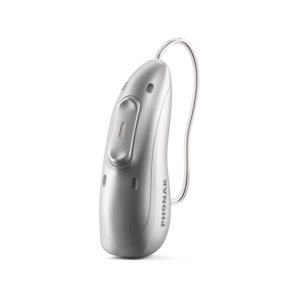 A silver Phonak in-ear hearing device with an attached curved receiver wire, shown on a clean white background.